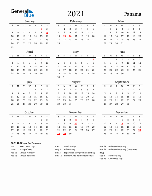 Panama Holidays Calendar for 2021