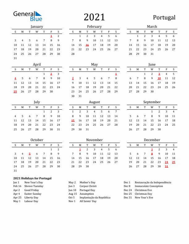 Portugal Holidays Calendar for 2021