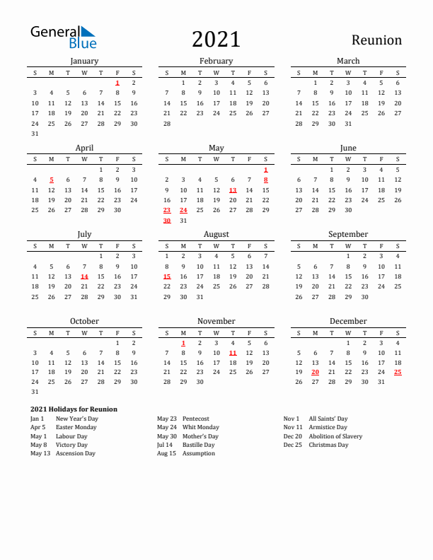 Reunion Holidays Calendar for 2021