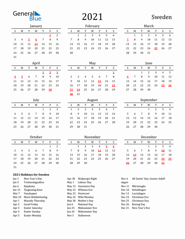 Sweden Holidays Calendar for 2021