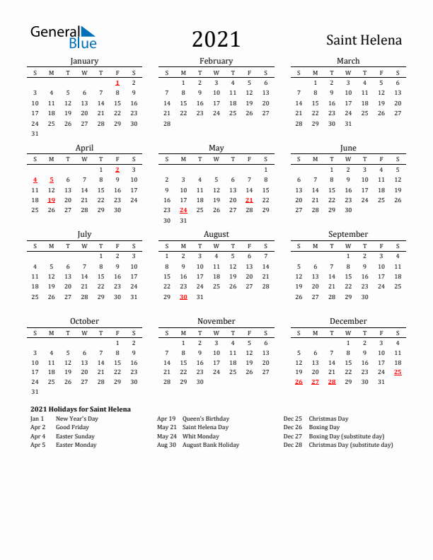 Saint Helena Holidays Calendar for 2021