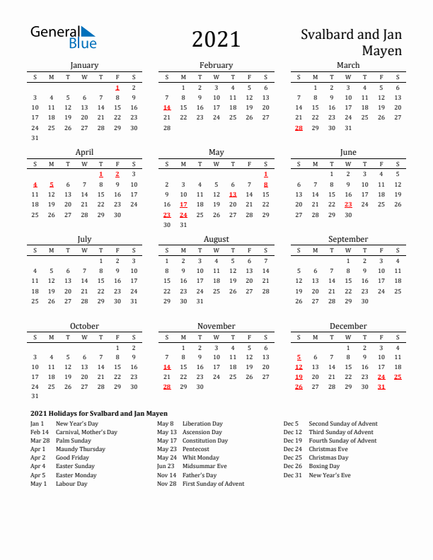 Svalbard and Jan Mayen Holidays Calendar for 2021