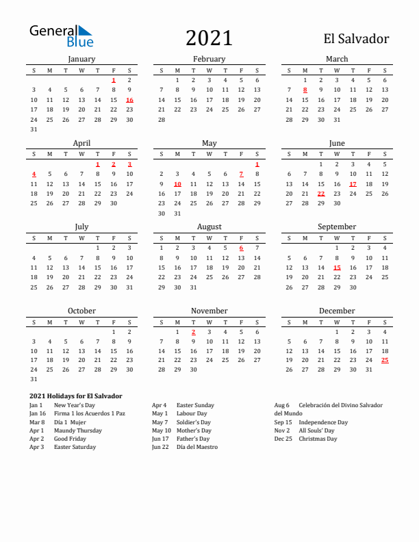 El Salvador Holidays Calendar for 2021