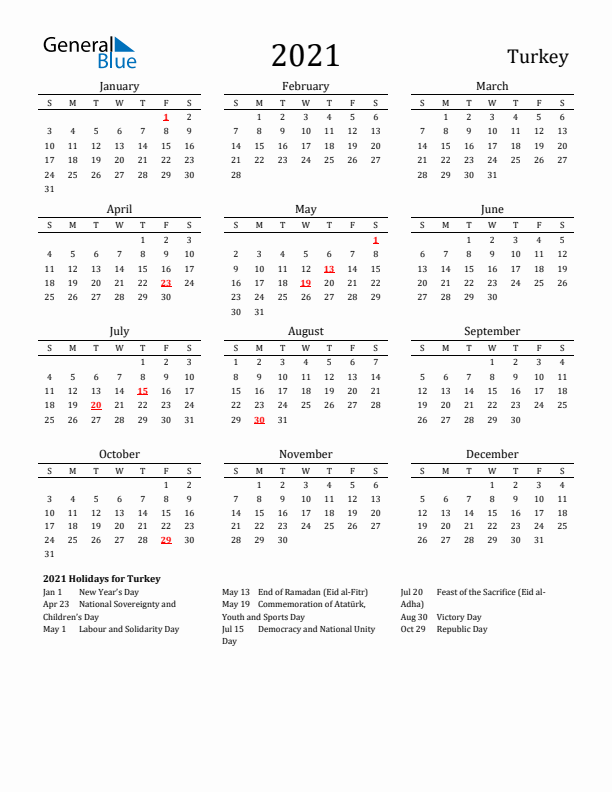 Turkey Holidays Calendar for 2021