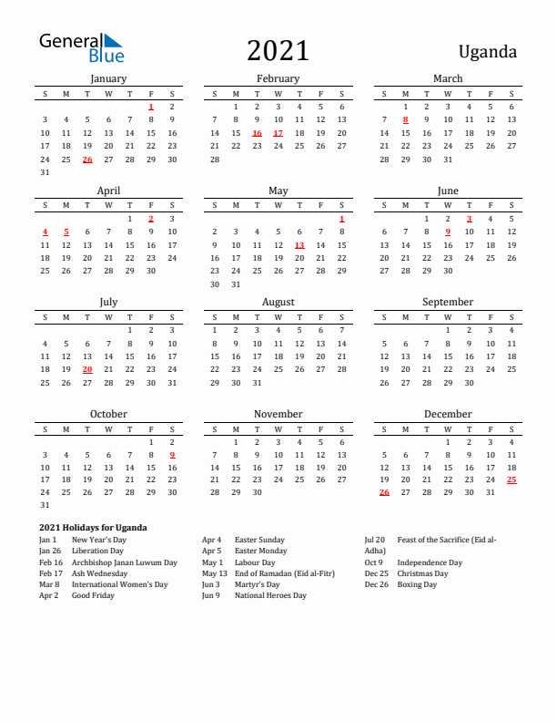 Uganda Holidays Calendar for 2021