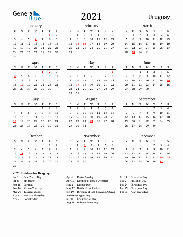 Uruguay Holidays Calendar for 2021