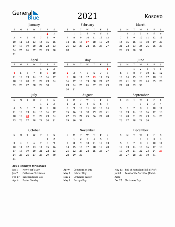 Kosovo Holidays Calendar for 2021