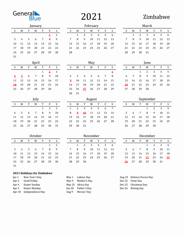 Zimbabwe Holidays Calendar for 2021