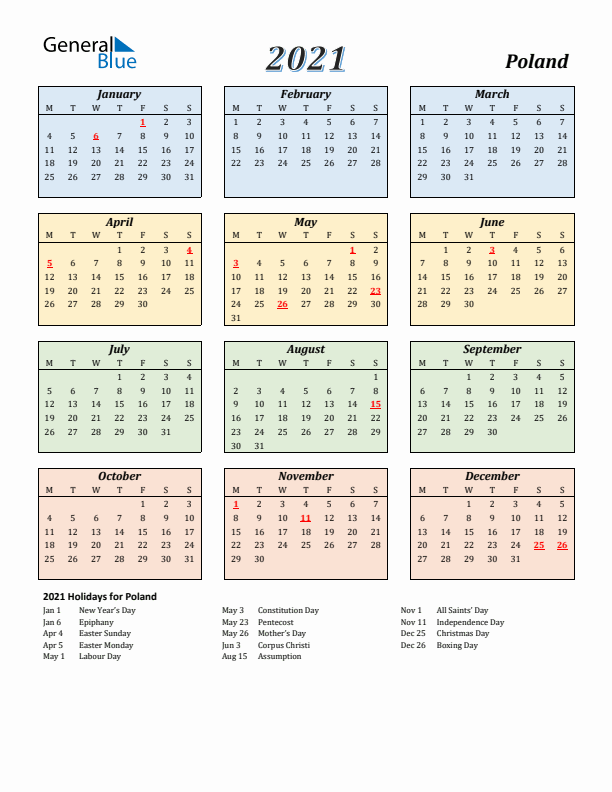 Poland Calendar 2021 with Monday Start