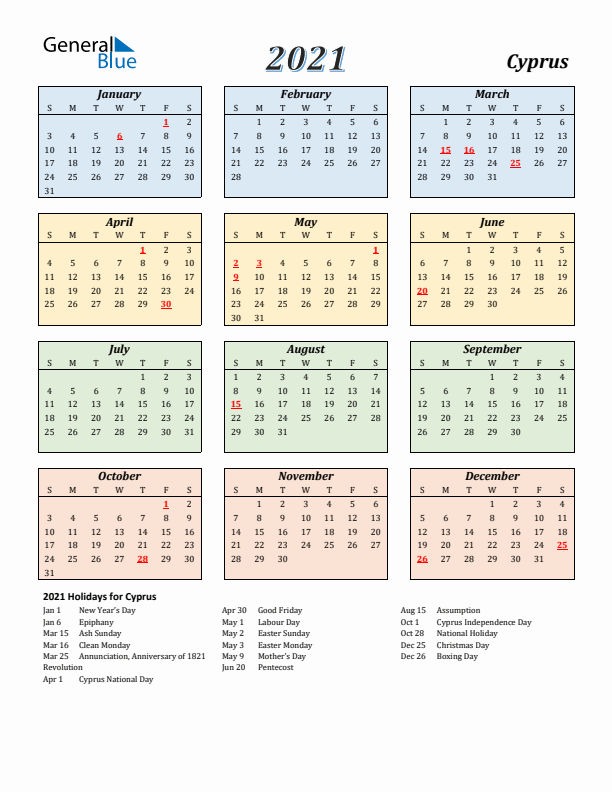 Cyprus Calendar 2021 with Sunday Start