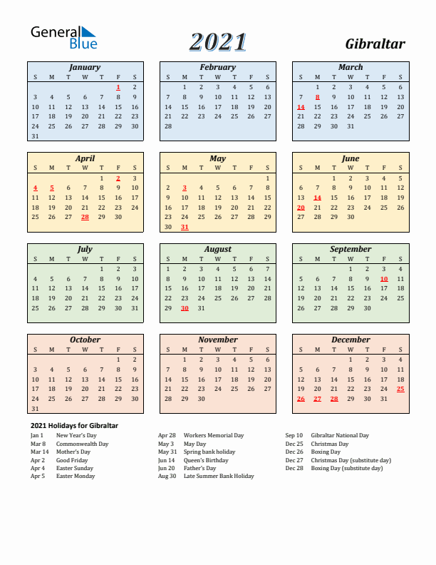 Gibraltar Calendar 2021 with Sunday Start