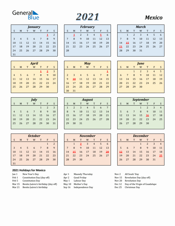 Mexico Calendar 2021 with Sunday Start