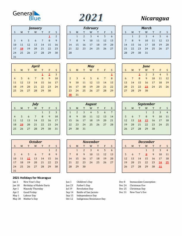 Nicaragua Calendar 2021 with Sunday Start