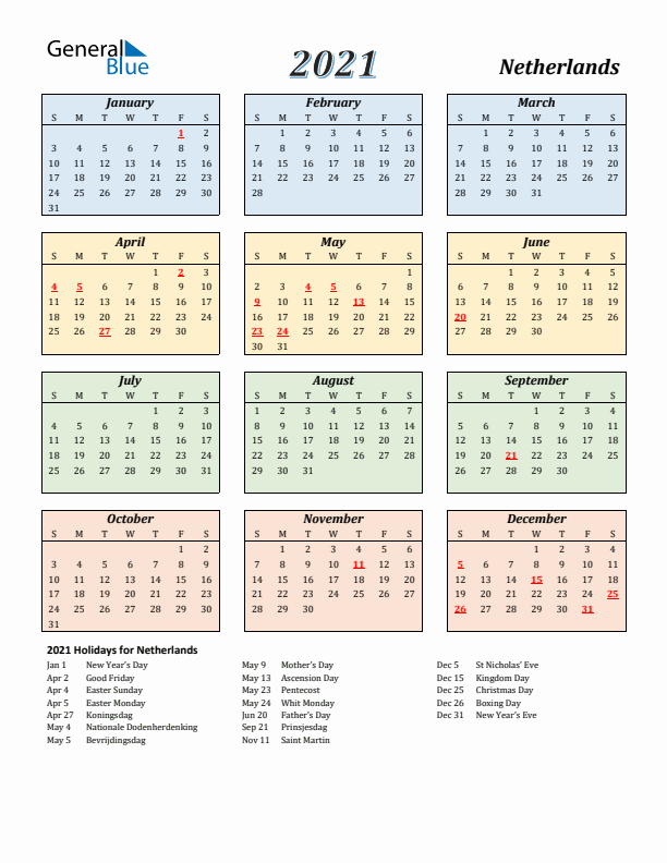 The Netherlands Calendar 2021 with Sunday Start