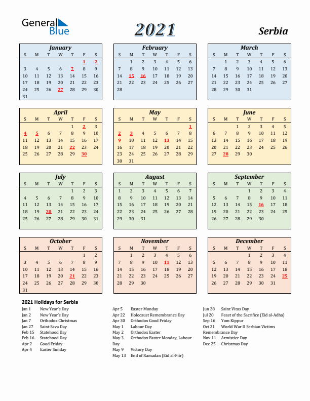 Serbia Calendar 2021 with Sunday Start