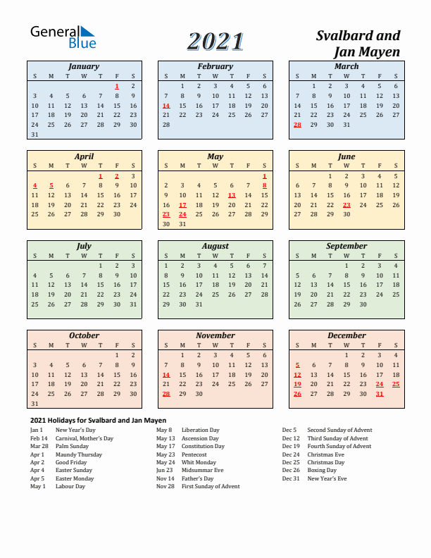 Svalbard and Jan Mayen Calendar 2021 with Sunday Start