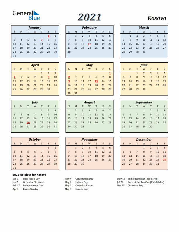 Kosovo Calendar 2021 with Sunday Start