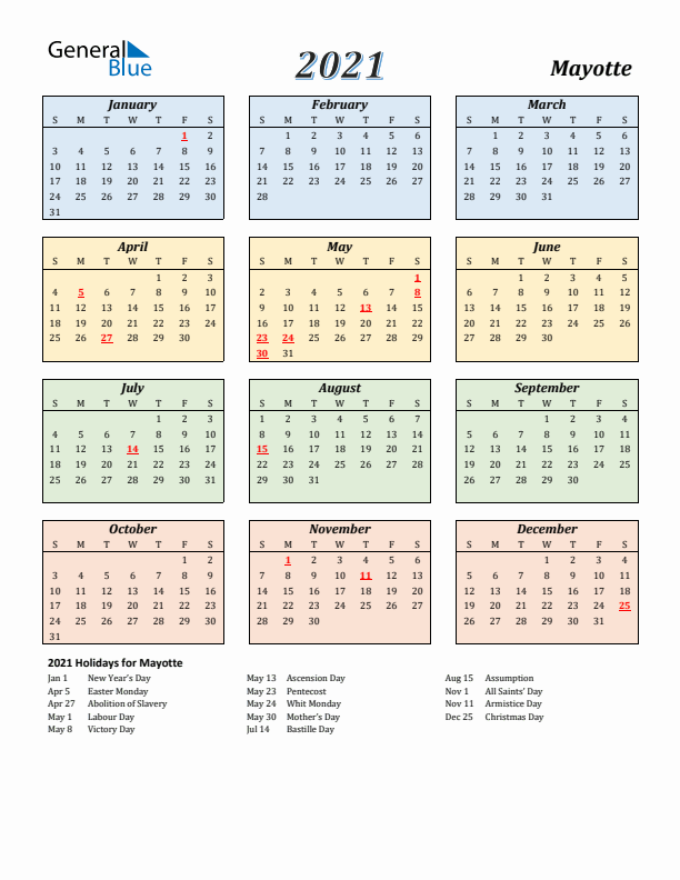 Mayotte Calendar 2021 with Sunday Start