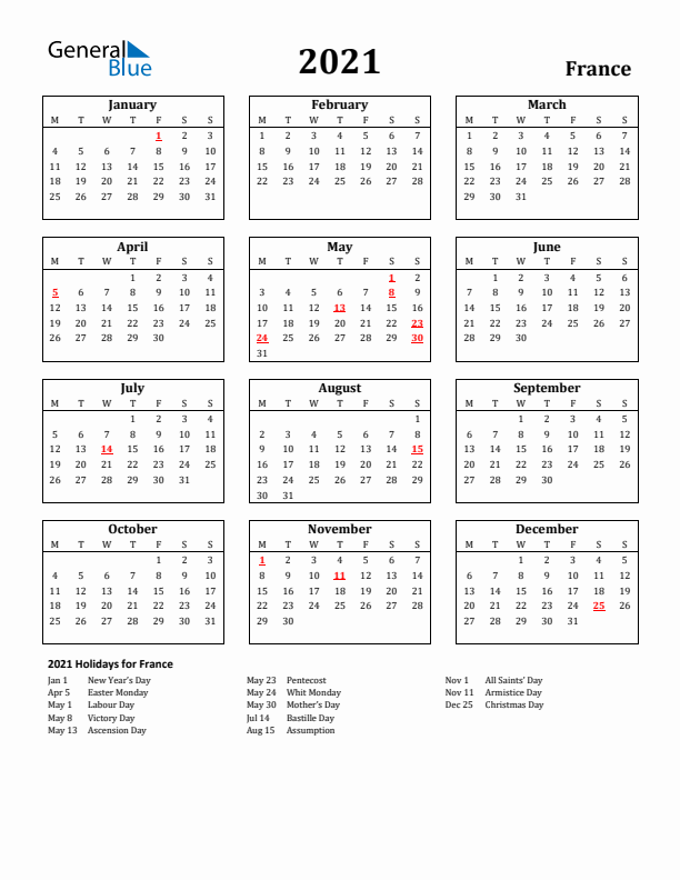 2021 France Calendar with Holidays