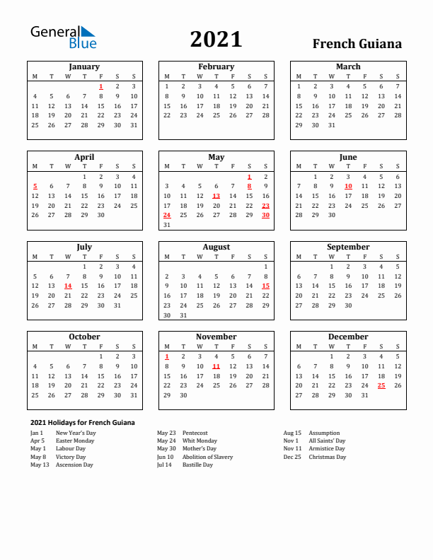 2021 French Guiana Holiday Calendar - Monday Start