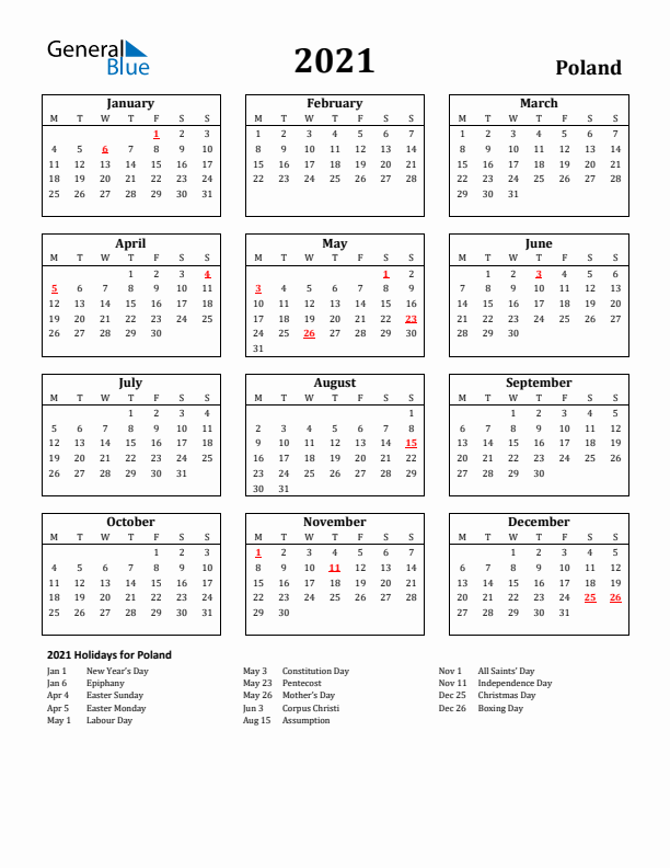 2021 Poland Holiday Calendar - Monday Start