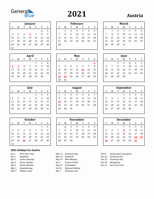 2021 Austria Holiday Calendar - Sunday Start