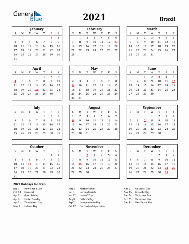 2021 Brazil Holiday Calendar - Sunday Start