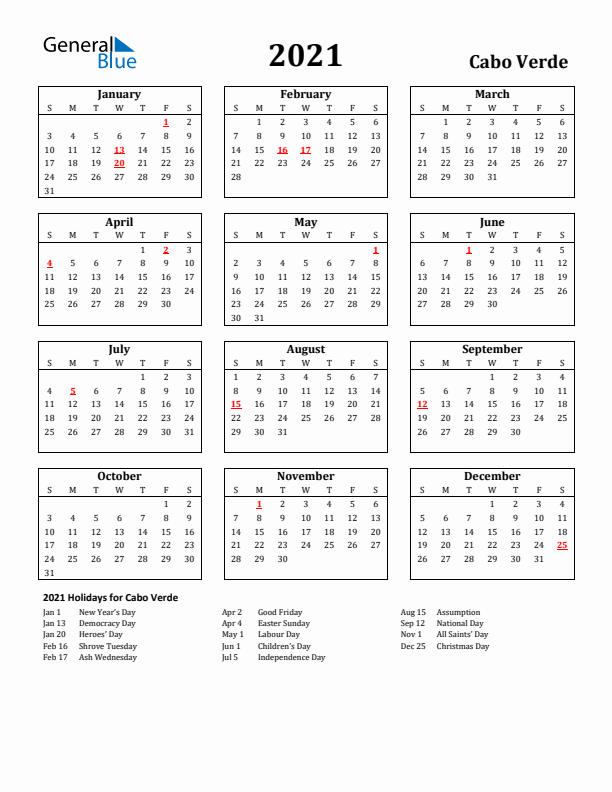 2021 Cabo Verde Holiday Calendar - Sunday Start