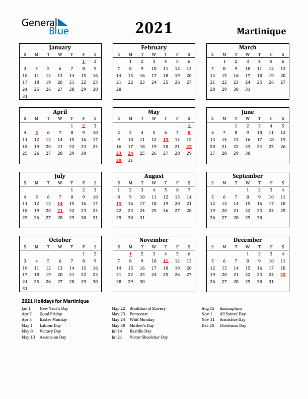 2021 Martinique Holiday Calendar - Sunday Start