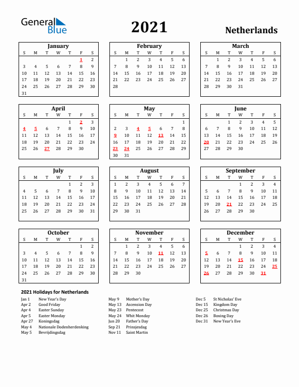 2021 The Netherlands Holiday Calendar - Sunday Start