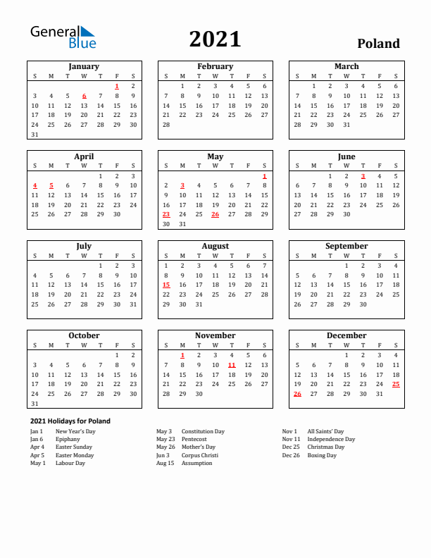 2021 Poland Holiday Calendar - Sunday Start