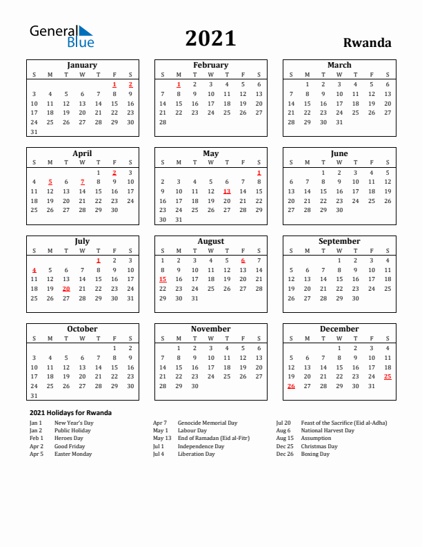 2021 Rwanda Holiday Calendar - Sunday Start