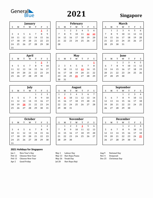 2021 Singapore Holiday Calendar - Sunday Start