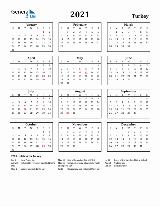 2021 Turkey Holiday Calendar - Sunday Start