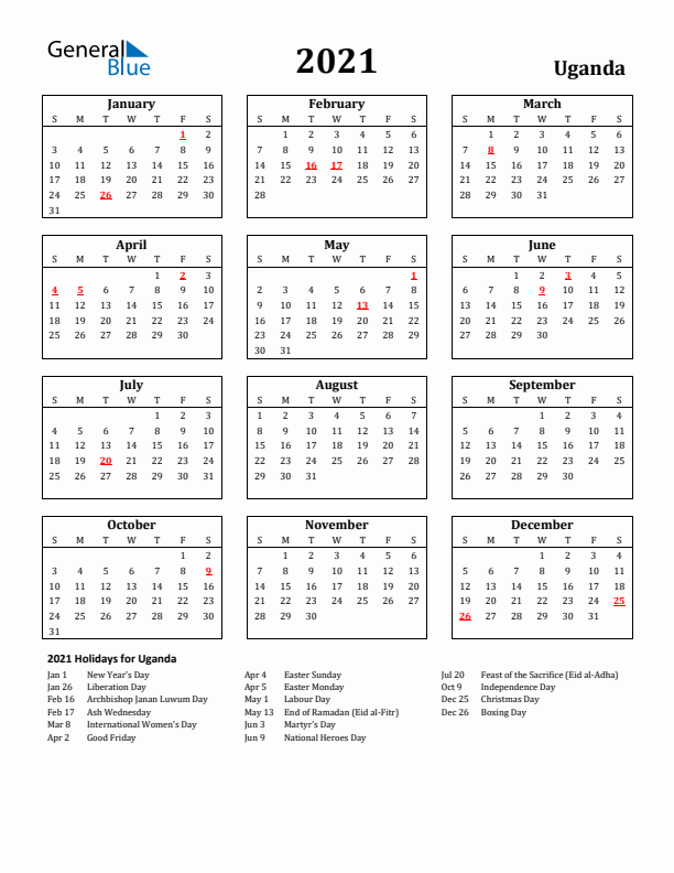 2021 Uganda Holiday Calendar - Sunday Start