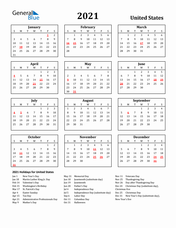 2021 United States Holiday Calendar - Sunday Start