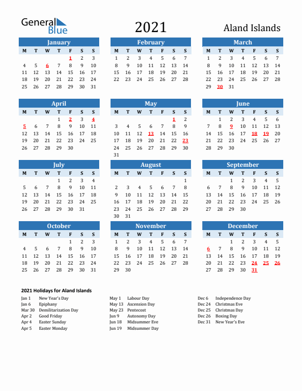 Printable Calendar 2021 with Aland Islands Holidays (Monday Start)