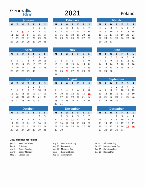 Printable Calendar 2021 with Poland Holidays (Monday Start)