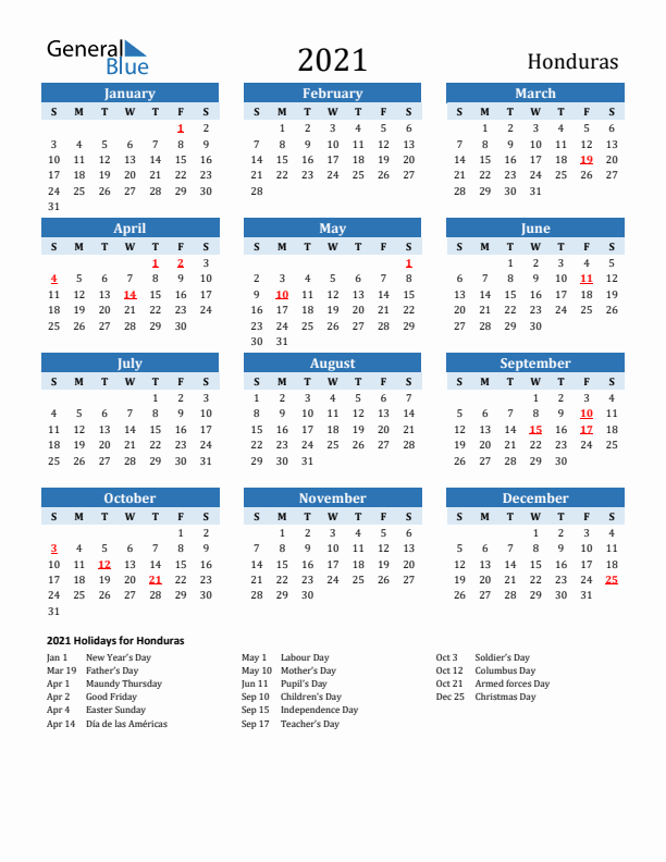 Printable Calendar 2021 with Honduras Holidays (Sunday Start)