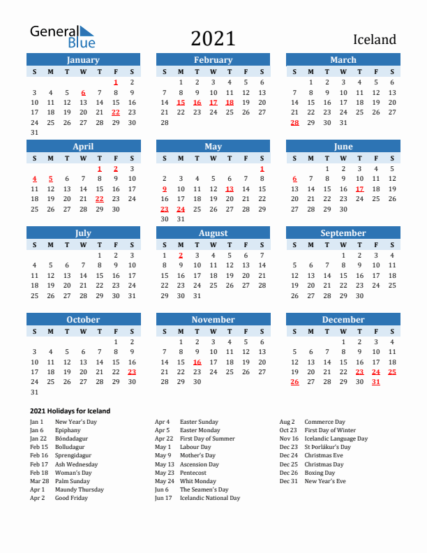 Printable Calendar 2021 with Iceland Holidays (Sunday Start)