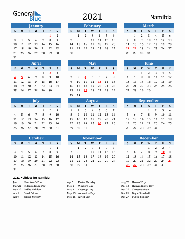 Printable Calendar 2021 with Namibia Holidays (Sunday Start)