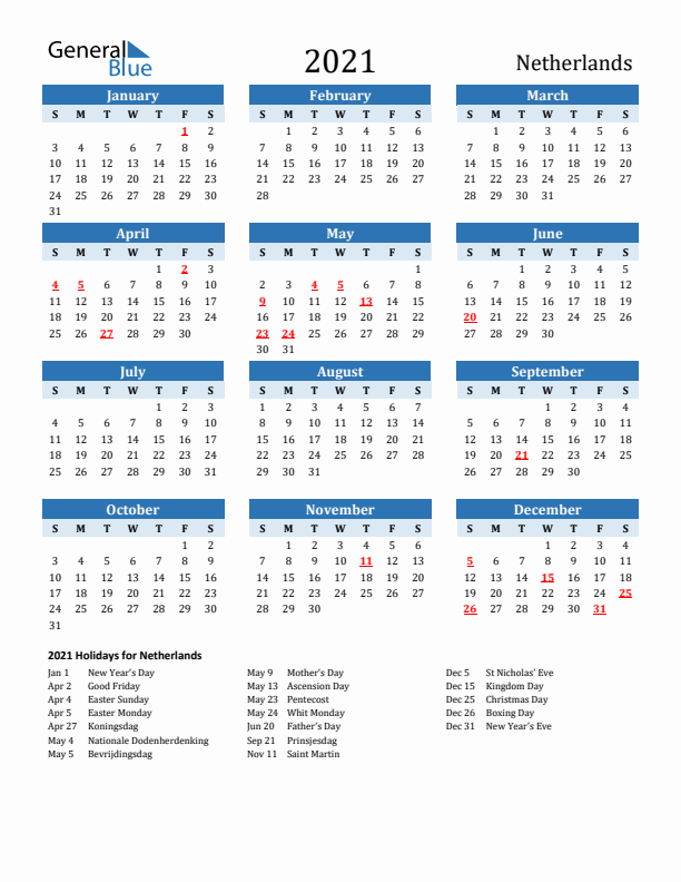 Printable Calendar 2021 with The Netherlands Holidays (Sunday Start)