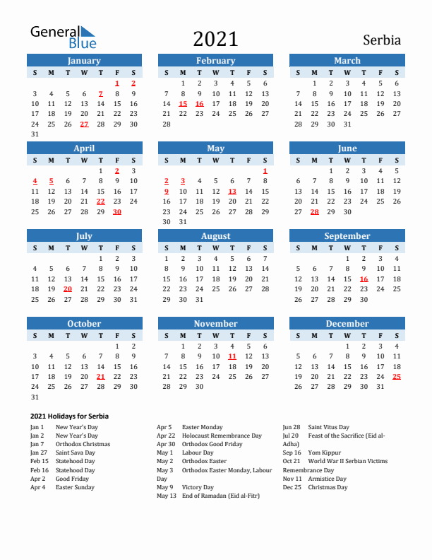 Printable Calendar 2021 with Serbia Holidays (Sunday Start)