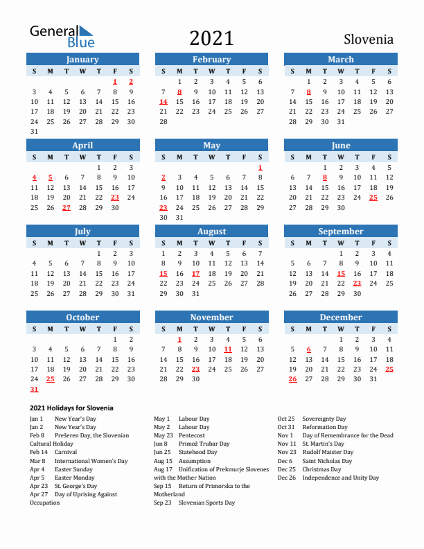 Printable Calendar 2021 with Slovenia Holidays (Sunday Start)