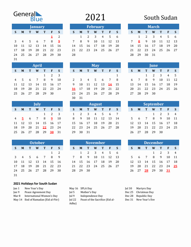 Printable Calendar 2021 with South Sudan Holidays (Sunday Start)