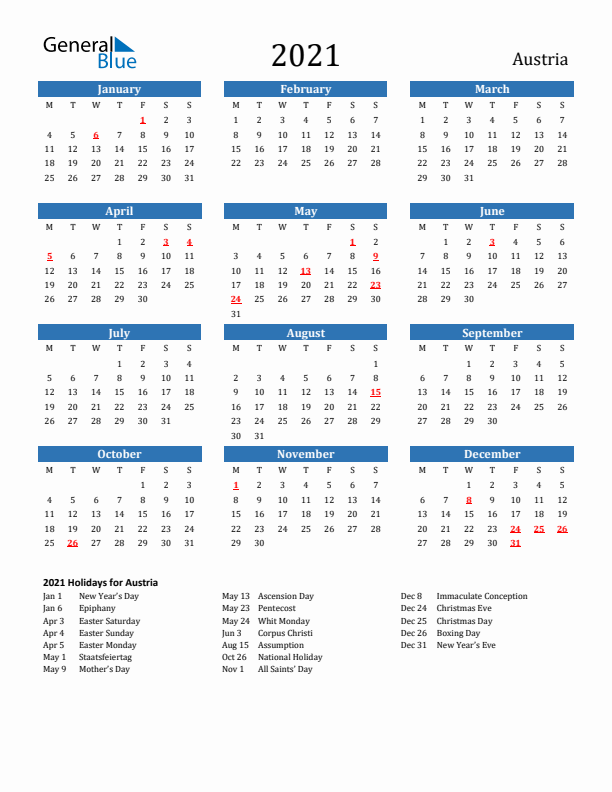 Austria 2021 Calendar with Holidays