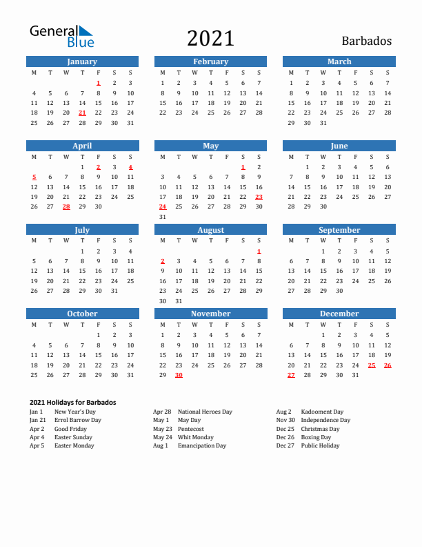 Barbados 2021 Calendar with Holidays