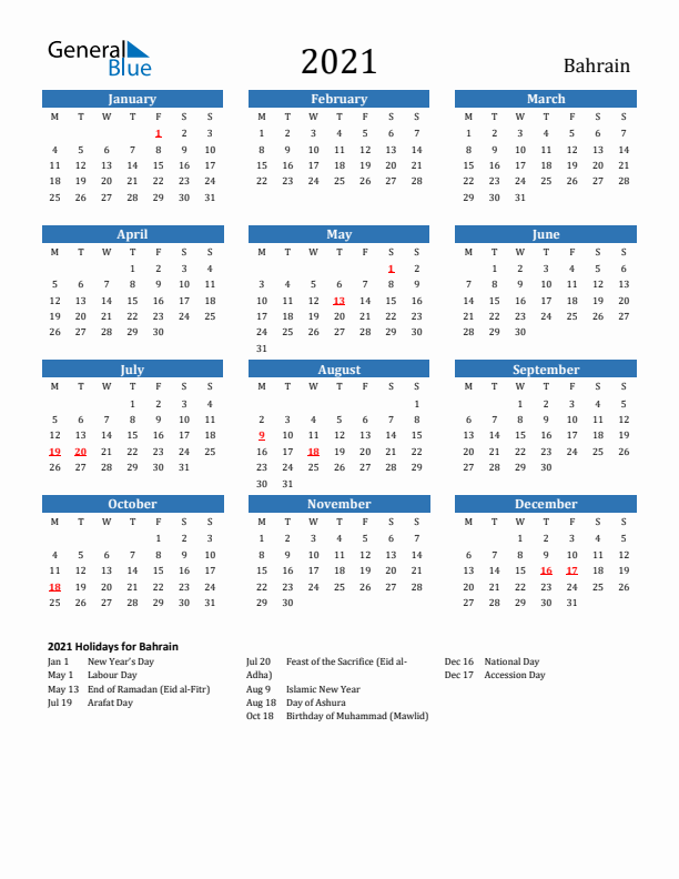 Bahrain 2021 Calendar with Holidays