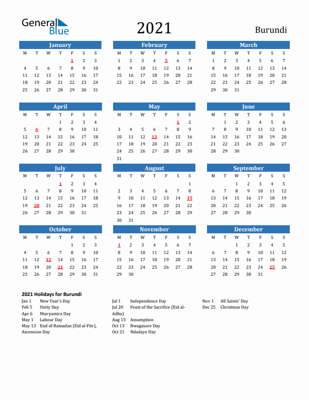 Burundi 2021 Calendar with Holidays