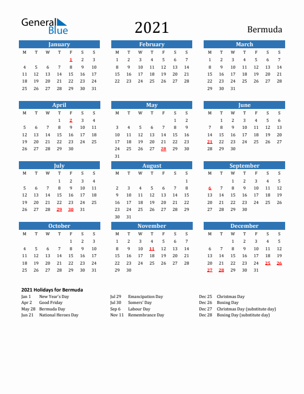 Bermuda 2021 Calendar with Holidays